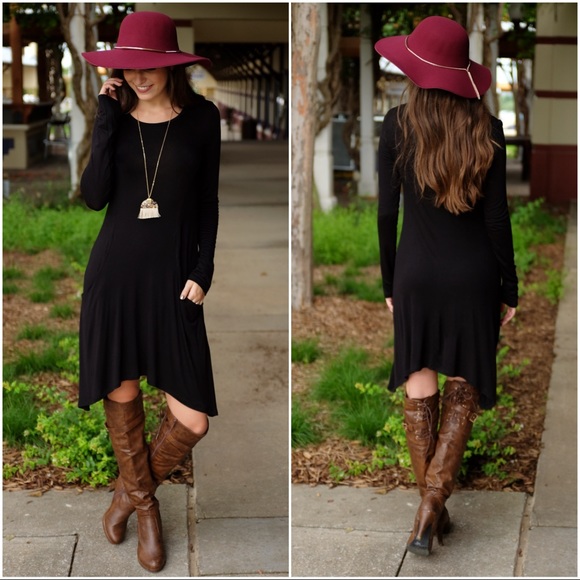 ✨LAST ONE✨Black Long Sleeve Asym. Dress w/Pockets - Picture 2 of 5